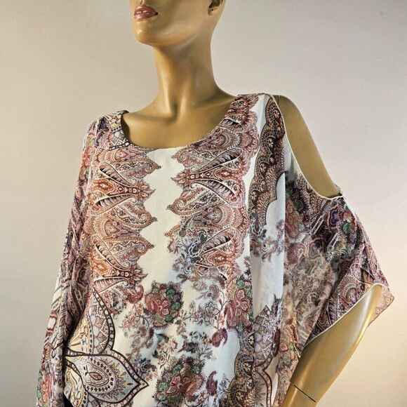 Karen Kane Floral Paisley Scarf Top Cold Shoulder Sz L Pullover Blouse USA Made - Picture 3 of 10